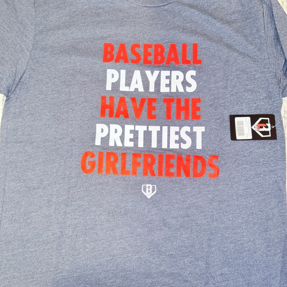 Graphic Baseball Tee - Blue with Red & White Text